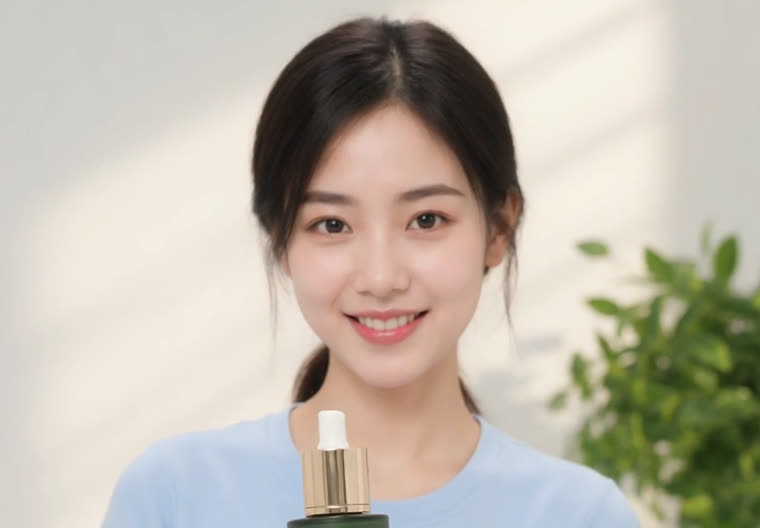 Short drama ad cover: AI presenter showing a skincare serum