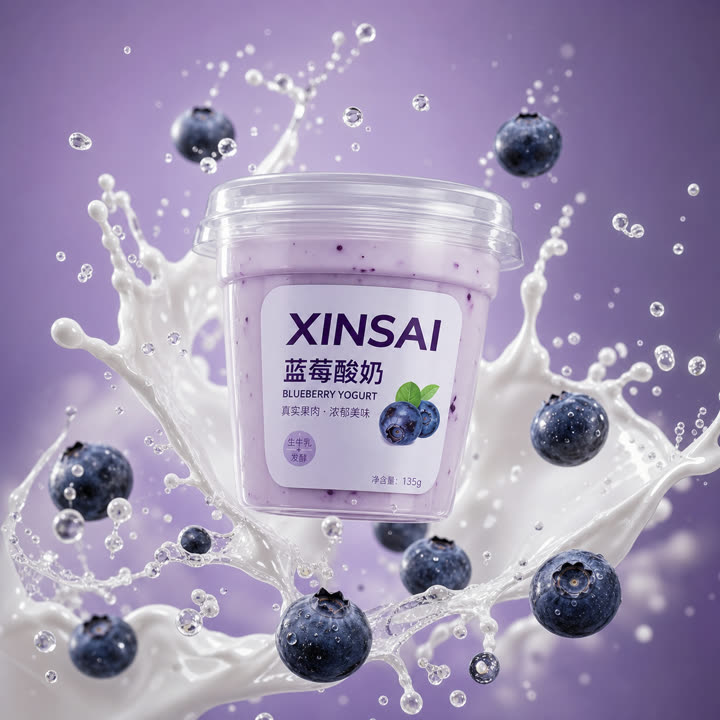 Blueberry yogurt with a milk splash on a purple background