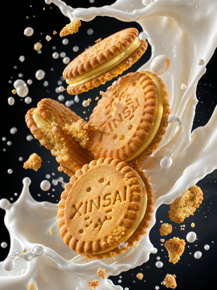 Sandwich cookies with a milk splash, warm appetizing tone