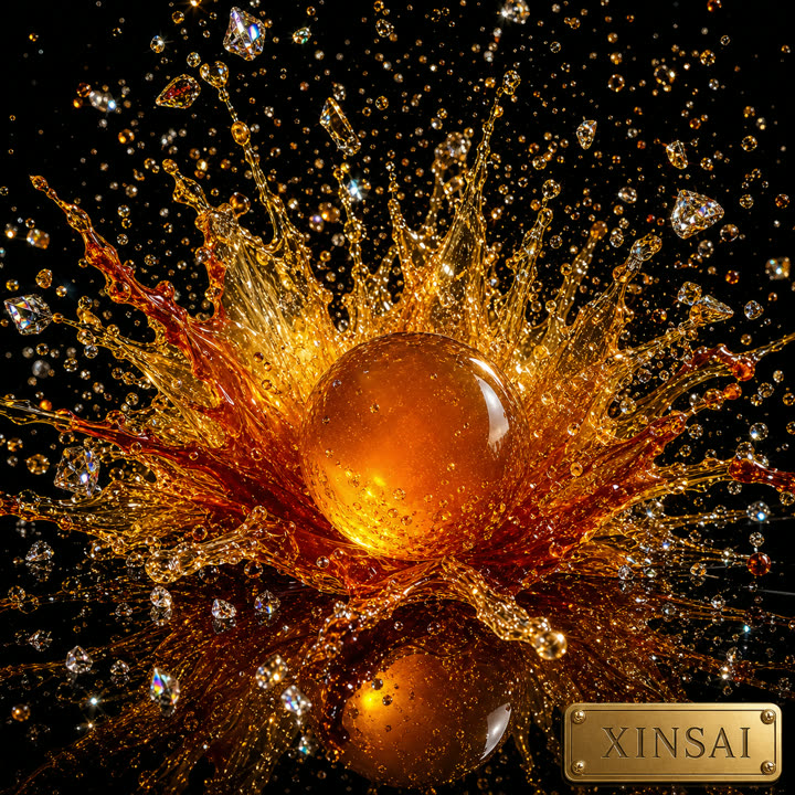 Caramel bursting in amber close-up with a metal nameplate