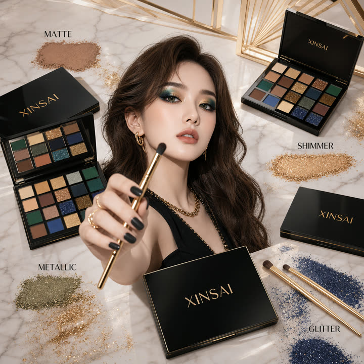 Eyeshadow palette and a model holding a brush on a marble countertop