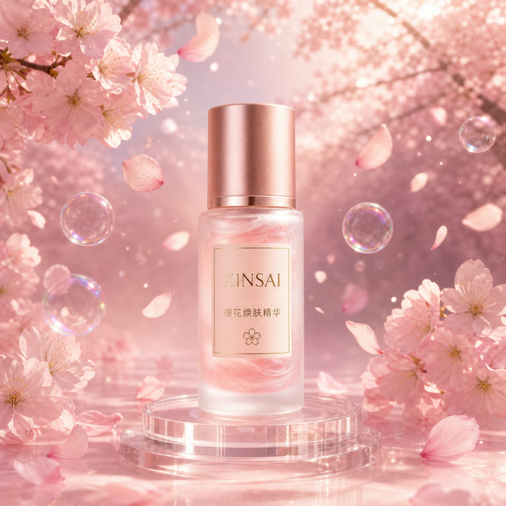 Cherry-blossom pink serum bottle with petals and bubbles