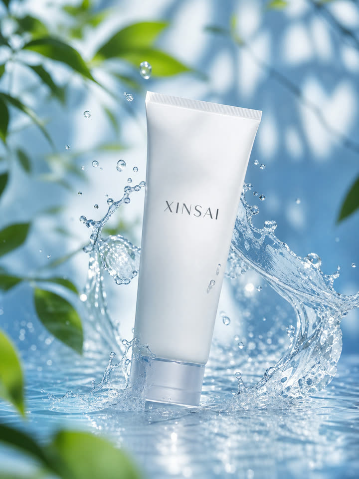 Blue-toned cleanser tube with a water splash, fresh and clear
