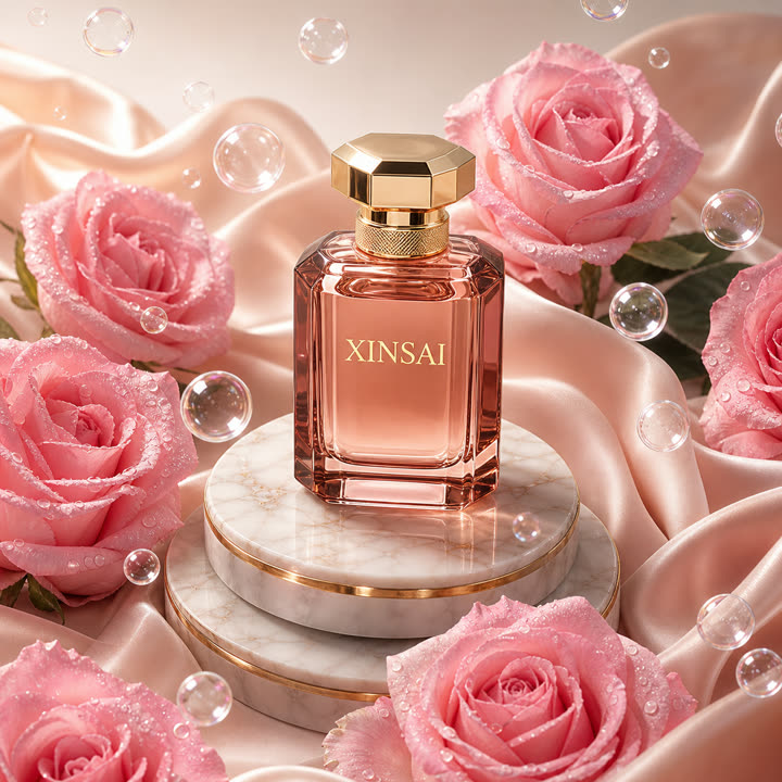 Rose-gold perfume bottle on pink roses and silk