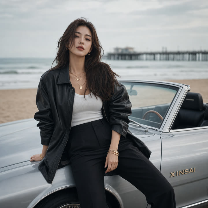 Model in a black leather jacket beside a vintage convertible by the sea