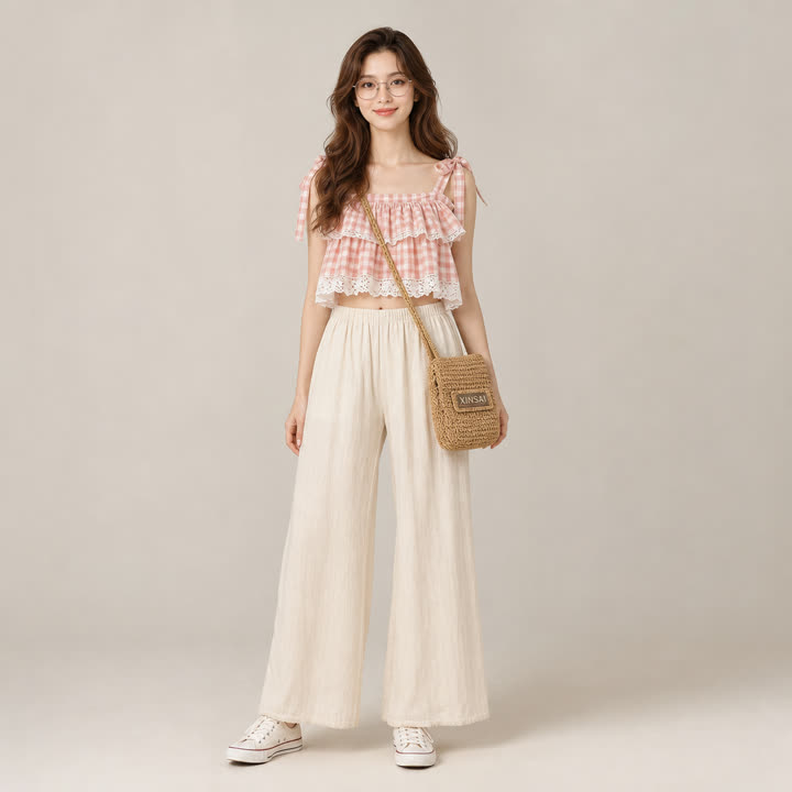 Studio full-length model in a pink checked top and beige wide-leg trousers