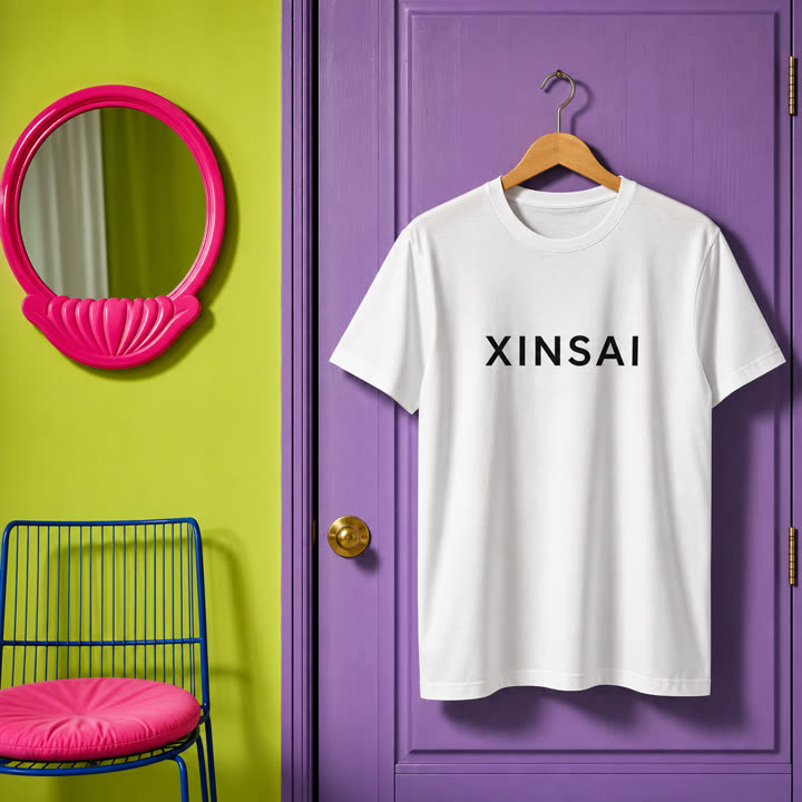 White T-shirt mockup hanging on a purple door in a color-blocked space