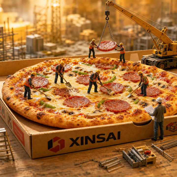 Giant pizza construction site with miniature workers, creative food shot