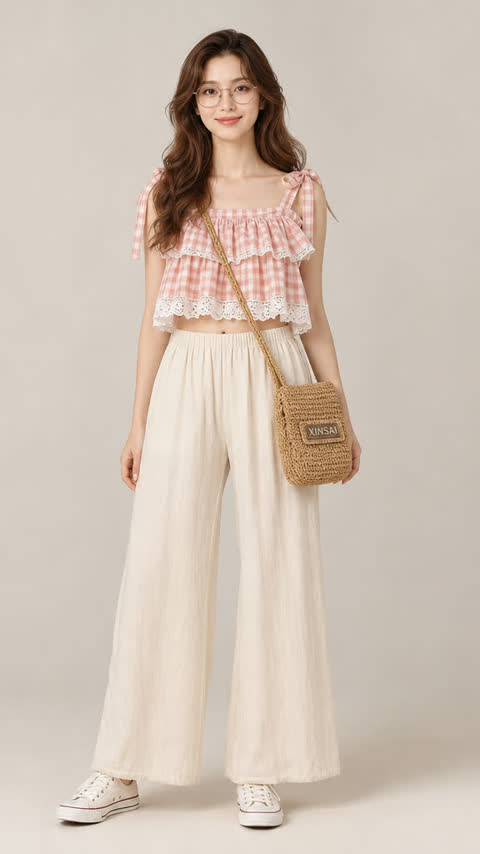 Input: on-model photo of a light wide-leg trouser set, full length