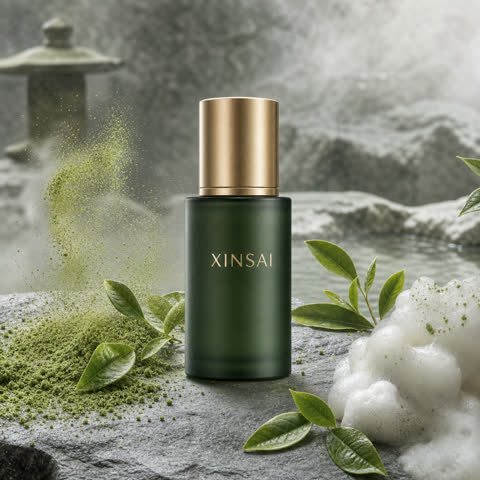Input: skincare serum bottle in dark green glass with a gold cap